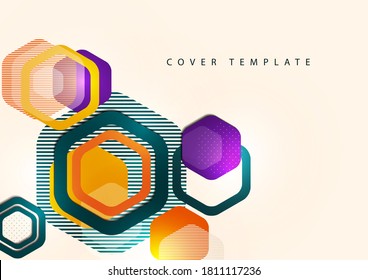 Bright abstract background of rounded multicolored hexagons and lines. Business presentation template. Modern geometric design. Vector illustration