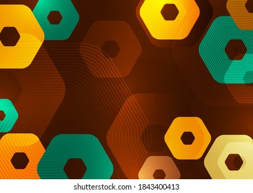 Bright abstract background of rounded multicolored hexagons and lines. Business presentation template. Modern geometric design. Vector illustration