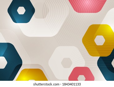 Bright abstract background of rounded multicolored hexagons and lines. Business presentation template. Modern geometric design. Vector illustration