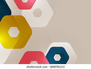 Bright abstract background of rounded multicolored hexagons and lines. Business presentation template. Modern geometric design. Vector illustration