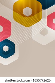 Bright abstract background of rounded multicolored hexagons and lines. Business presentation template. Modern geometric design. Vector illustration