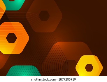 Bright abstract background of rounded multicolored hexagons and lines. Business presentation template. Modern geometric design. Vector illustration