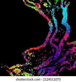 Un fondo abstracto brillante con un flujo de partículas sobre un fondo oscuro. Diseño de folletos para fiestas, banners para sitios web, presentaciones, embalaje original. Ilustración vectorial de material.
