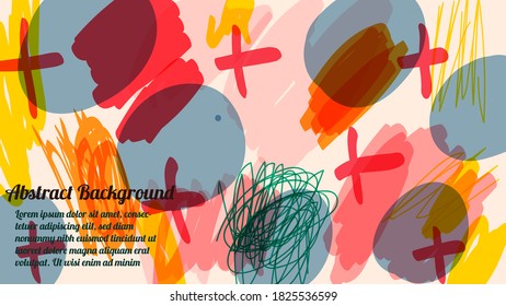 Bright abstract background with strokes, marker, spots, geometric shapes. Collage with fantasy shapes. Vector illustration. 
