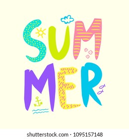 Bright abstract background with Summer handwritten lettering and drawings of sun, cloud, flowers, fish, waves, anchor. Brush painted letters. Vector calligraphy design for holiday travel banner poster