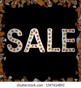 Bright abstract background with text. Illustration in orange, white and black colors. Seamless pattern. Best sale banner. Original poster for discount. Vector illustration.