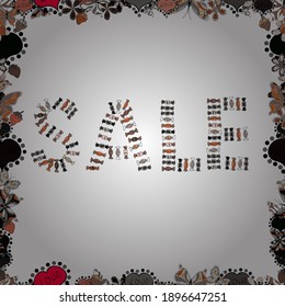 Bright abstract background with text. Seamless. Pictures in gray, white and black colors. Vector. Lettering. Best sale banner. Original poster for discount.