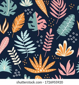 Bright abstract background from various leaves of tropical plants. Creates a summer mood, sets for relaxation and positive.