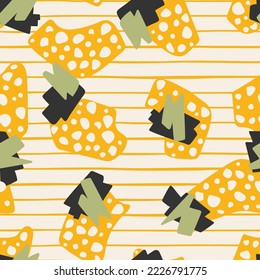 Bright abstract background in vector. Seamless pattern with yellow shapes on a striped background. Perfect for fabric cloth design wallpapers gift wrap and scrapbooking.