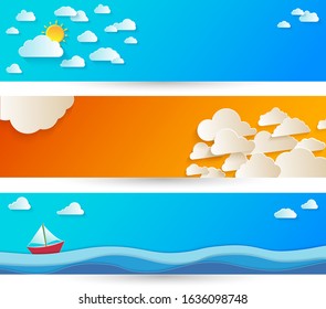 Bright abstract background with white paper clouds on blue sky. Summer beautiful background for travel with a place under the text. Paper cut and digital crafts style.