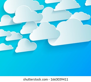 Bright abstract background with white paper clouds on blue sky. For social networking or data storage. Paper cut and digital crafts style. Free space for text.