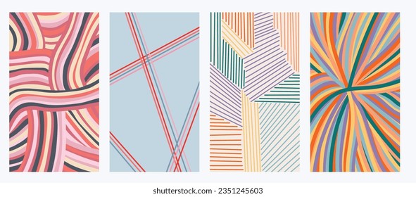 Bright abstract backgrounds. Hand drawn multicolored lines. Creative pattern in the style of the 60s. Retro style in modern art. Artistic pattern for social media, presentations, business cards