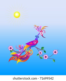 Bright abstract bird on a blossoming branch