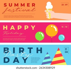 Bright abstract birthday card with balloons, ice cream and geometric decorations. Modern flat vector illustration for greeting, anniversary celebration, party flyer or festive poster template.