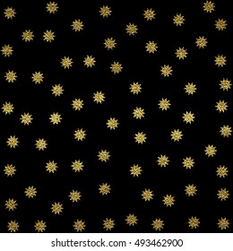 Bright abstract black modern seamless pattern with golden stars. Vector illustration for wrapping, website, invitation or other design. Shiny gold background. Texture of gold foil. Festive banner.
