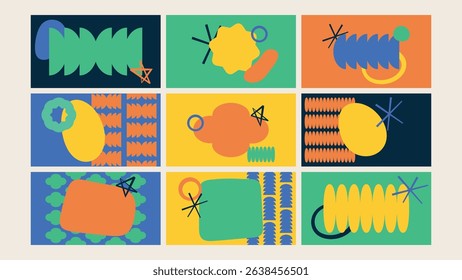 Bright abstract blocks with vivid shapes and contrasting elements, designed for dynamic and fun visual projects.