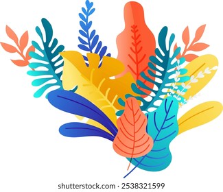 Bright abstract botanical illustration with colorful leaves in orange, blue, and yellow hues. Perfect for vibrant, nature-inspired and modern design projects