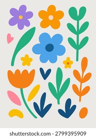A bright abstract bouquet of stylized flowers and leaves in vivid colors on a light background, featuring blue, orange, purple, yellow blooms and green stems for decorative use.