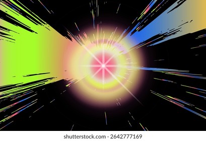 Brilhante estouro abstrato em um estilo moderno vaporwave com neon amarelo, rosa, gradientes azuis e formas irregulares afiadas. O design se parece dinâmico e energético, ecoando as atuais tendências da arte digital.