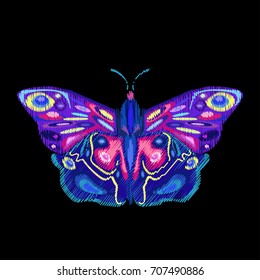Bright abstract butterfly on dark background, vector illustration, embroidery, patch, sticker, badge