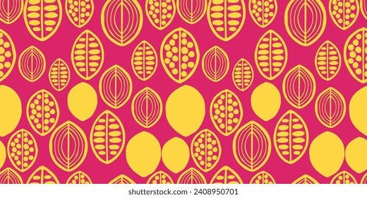 A bright abstract and casual pattern of incomprehensible symbols reminiscent of fruit or leaves. Pink and yellow. For notebooks, pillows, textiles.