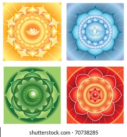 bright abstract circle backgrounds, mandalas of different chakras, vector