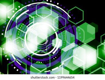 Bright abstract circles and hexagons on a dark background. The concept of communication design, innovation, digital technology, security. Vector illustration