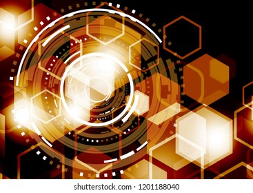 Bright abstract circles and hexagons on a dark background. The concept of communication design, innovation, digital technology, security. Vector illustration