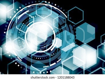 Bright abstract circles and hexagons on a dark background. The concept of communication design, innovation, digital technology, security. Vector illustration