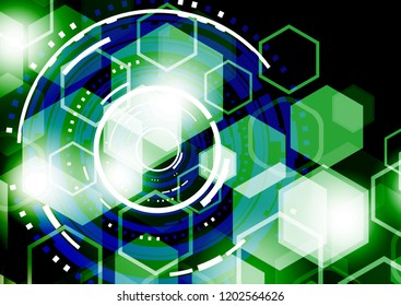 Bright abstract circles and hexagons on a dark background. The concept of communication design, innovation, digital technology, security. Vector illustration