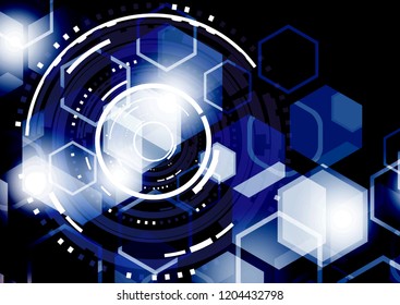 Bright abstract circles and hexagons on a dark background. The concept of communication design, innovation, digital technology, security. Vector illustration