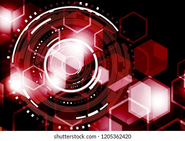 Bright abstract circles and hexagons on a dark background. The concept of communication design, innovation, digital technology, security. Vector illustration