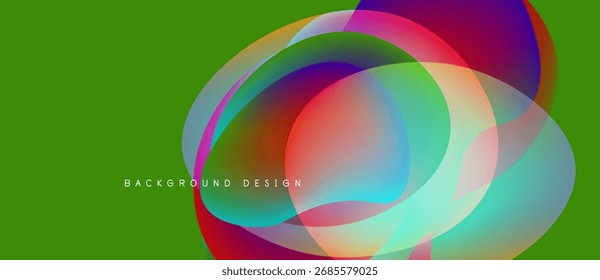 Círculos abstractos brillantes se superponen con un fondo verde vibrante. El diseño moderno presenta capas translúcidas, creando un efecto visual colorido.