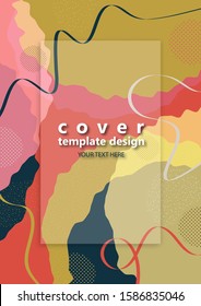 Bright abstract color background. Geometric wave shapes, decorative lines, circles of dots. Modern design. Template for banner, flyer, poster, brochure, gift card, cover. Vector illustration