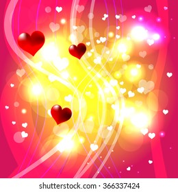 Bright abstract color vector graphic illustration of Valentine day love holiday with symbol of beautiful heart shape and lights on colorful background