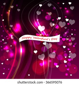 Bright abstract color vector graphic illustration of Valentine day love holiday with symbol of beautiful heart shape and lights on purple background
