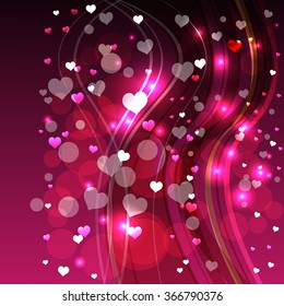 Bright abstract color vector graphic illustration of Valentine day love holiday with symbol of beautiful heart shape and lights on purple background