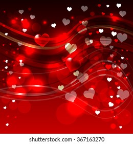 Bright abstract color vector graphic illustration of Valentine day love holiday with symbol of beautiful heart shape and lights on red background
