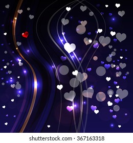 Bright abstract color vector graphic illustration of Valentine day love holiday with symbol of beautiful heart shape and lights on blue background