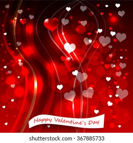 Bright abstract color vector graphic illustration of Valentine day love holiday with symbol of beautiful heart shape and lights on red background