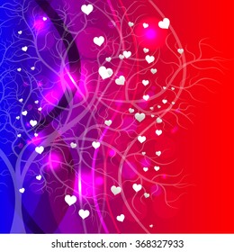 Bright abstract color vector graphic illustration of Valentine day love holiday with symbol of beautiful heart shape and lights on colorful background