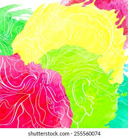 Bright abstract colorful hand drawn background with paint splashes and linear ornament. Vibrant vector illustration on indian Holi festival.