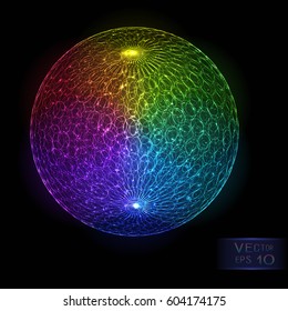 Bright Abstract Colorful Luminous Sphere on Dark Background. Decorative Design Element Neon Rainbow Globe of Various Colors with Glowing Particles.