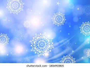 Composición abstracta brillante, copos de nieve en caída, partículas giratorias, resplandor. Concepto mágico con efecto bokeh para el diseño de tarjetas, banners, volantes o fondos. Ilustración del vector