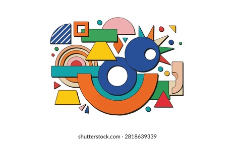 Bright abstract composition featuring geometric shapes, bold colors, and dynamic patterns for creative design projects.