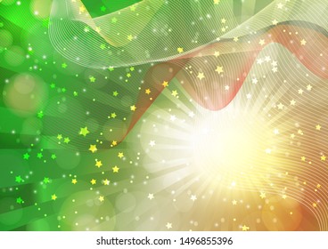 Bright abstract composition, a flash of the sun, rays, wavy blend lines, sparkling particles, glare. Magic concept background with bokeh effect. Vector illustration.