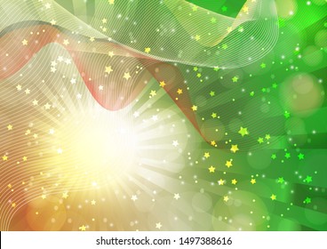 Bright abstract composition, a flash of the sun, rays, wavy blend lines, sparkling particles, glare. Magic concept background with bokeh effect. Vector illustration.