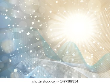 Bright abstract composition, a flash of the sun, rays, wavy blend lines, sparkling particles, glare. Magic concept background with bokeh effect. Vector illustration.