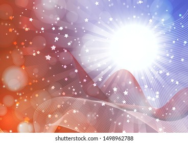 Bright abstract composition, a flash of the sun, rays, wavy blend lines, sparkling particles, glare. Magic concept background with bokeh effect. Vector illustration.