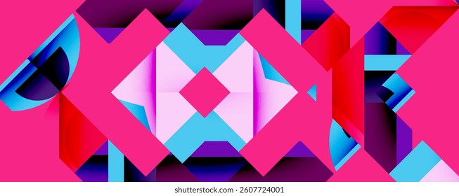 Bright abstract composition. Geometric shapes overlap, creating dynamic visual effect. Pink, blue, purple hues dominate. Modern design.